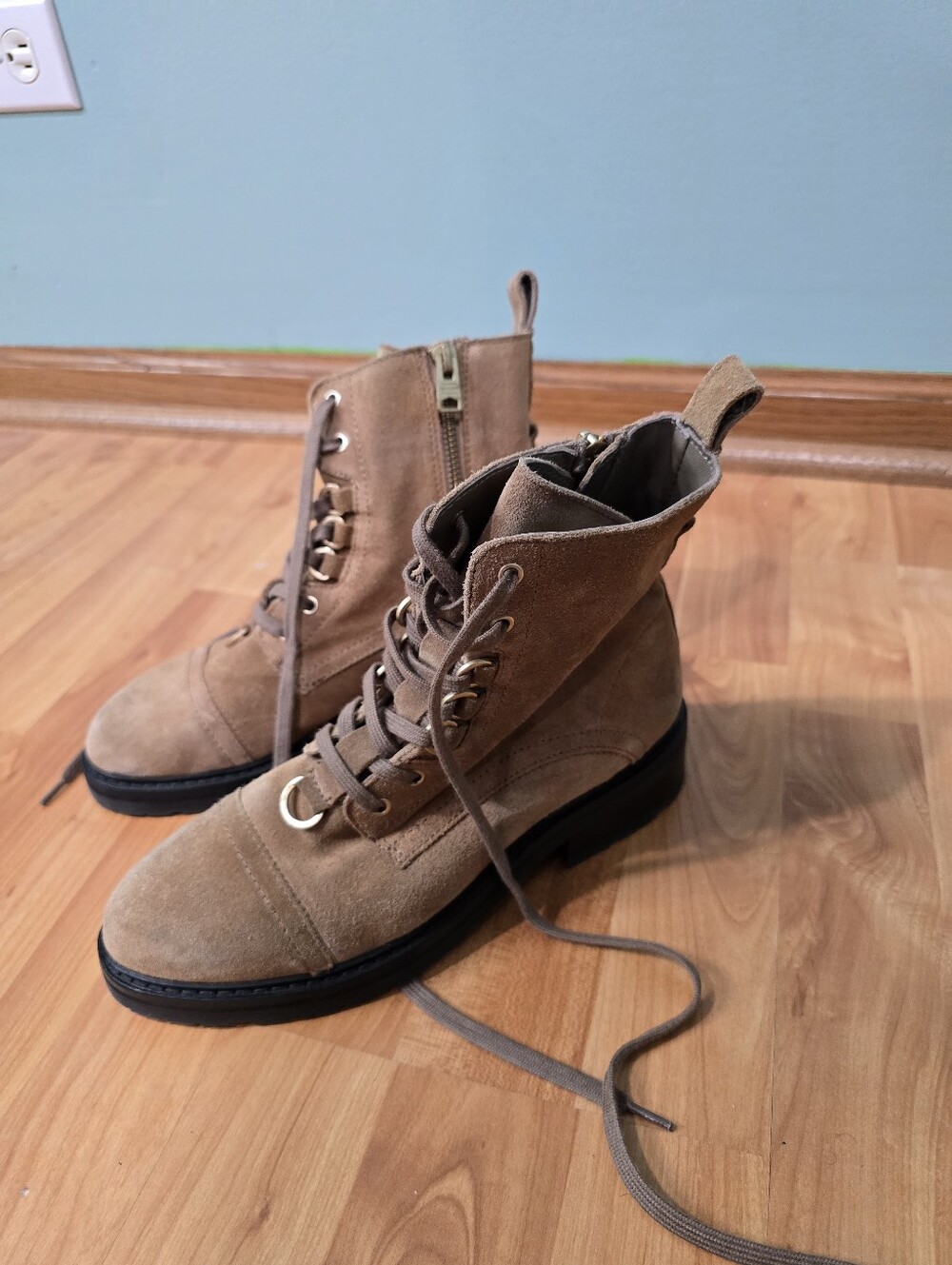 All Saints Lira Boots Hiking Combat Tan Zip Lace 38 8 Suede